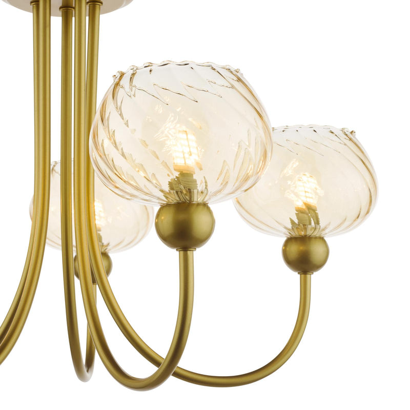 Dar Lighting Cognac 5 Light Semi-Flush Satin Gold and Champagne Ribbed Glass • COG0535