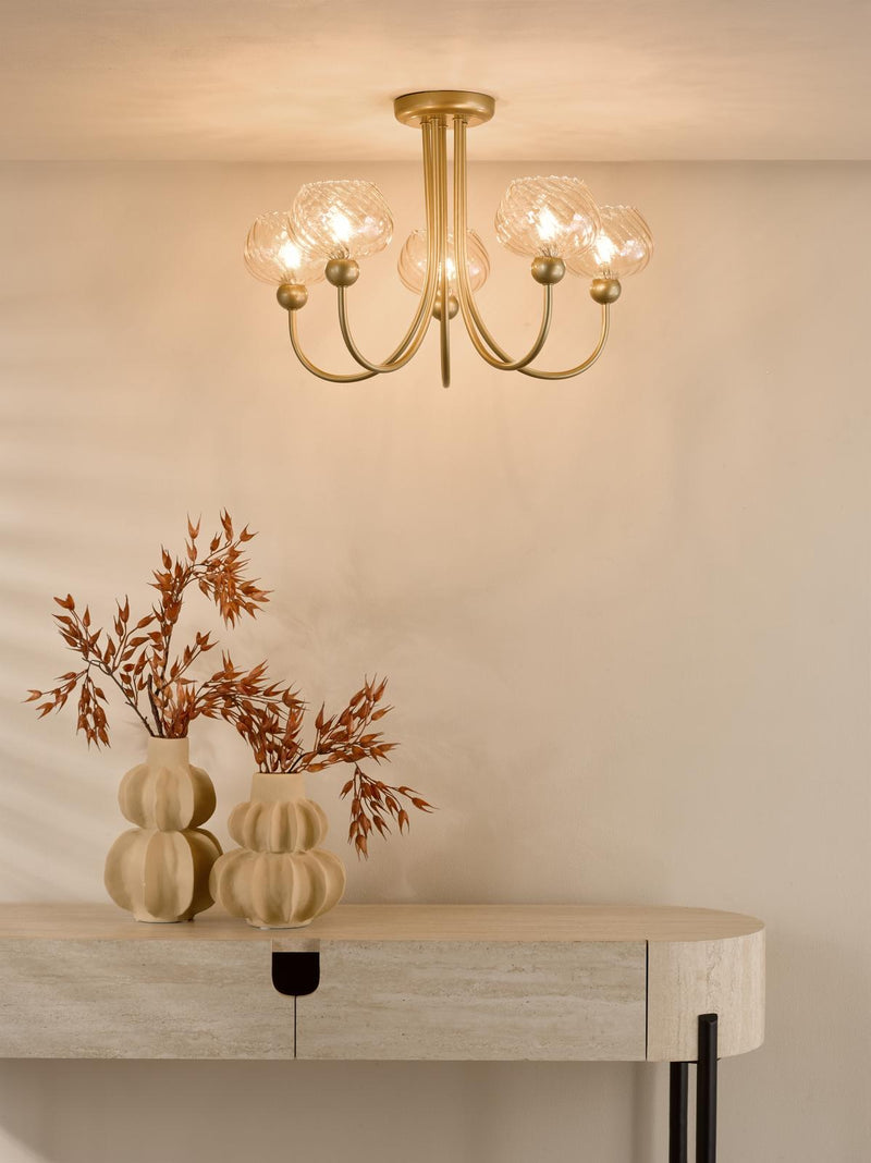 Dar Lighting Cognac 5 Light Semi-Flush Satin Gold and Champagne Ribbed Glass • COG0535