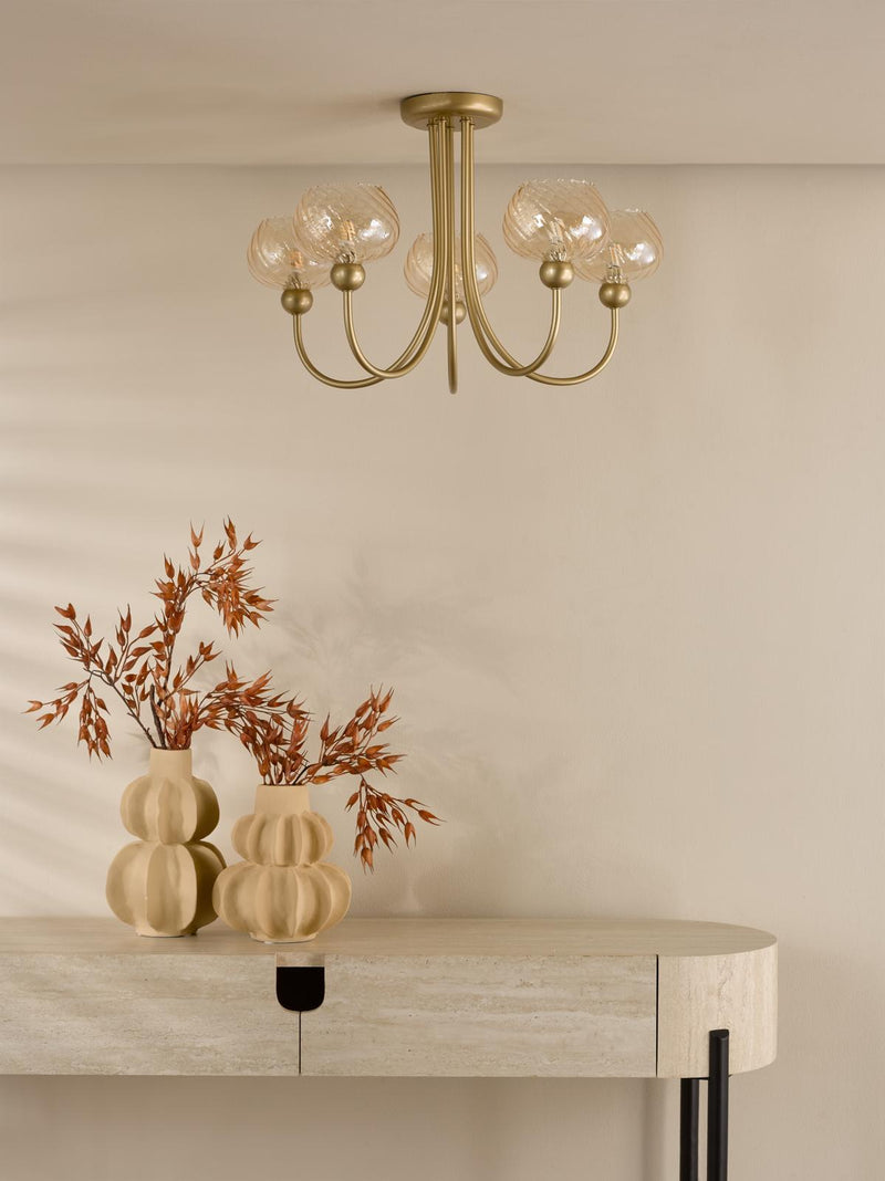 Dar Lighting Cognac 5 Light Semi-Flush Satin Gold and Champagne Ribbed Glass • COG0535