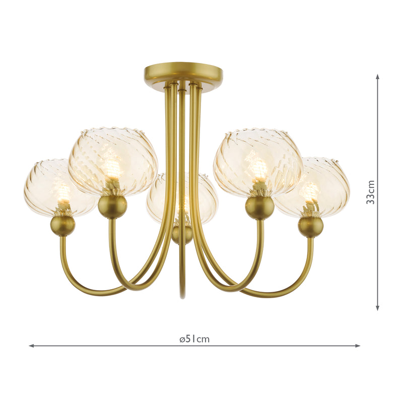Dar Lighting Cognac 5 Light Semi-Flush Satin Gold and Champagne Ribbed Glass • COG0535