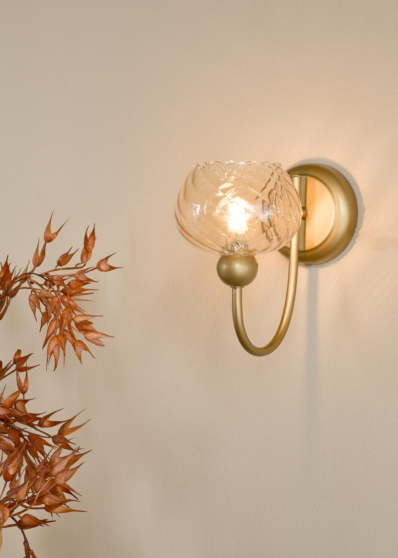 Dar Lighting Cognac Wall Light Satin Gold and Champagne Ribbed Glass • COG0735