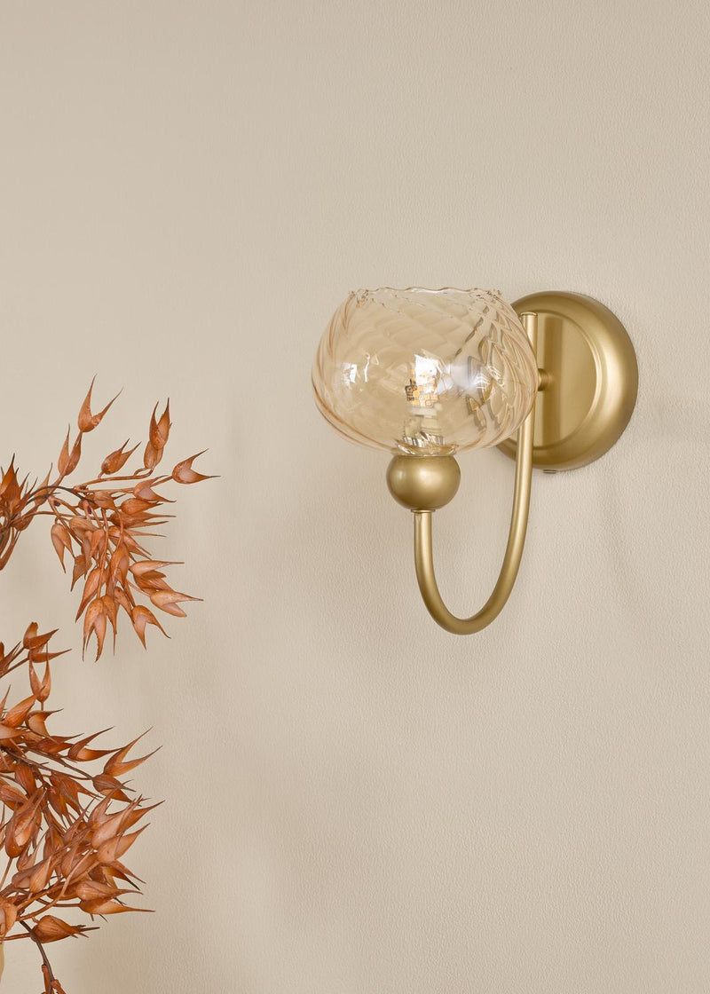 Dar Lighting Cognac Wall Light Satin Gold and Champagne Ribbed Glass • COG0735