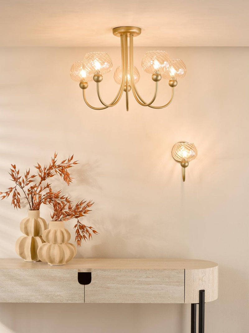 Dar Lighting Cognac Wall Light Satin Gold and Champagne Ribbed Glass • COG0735