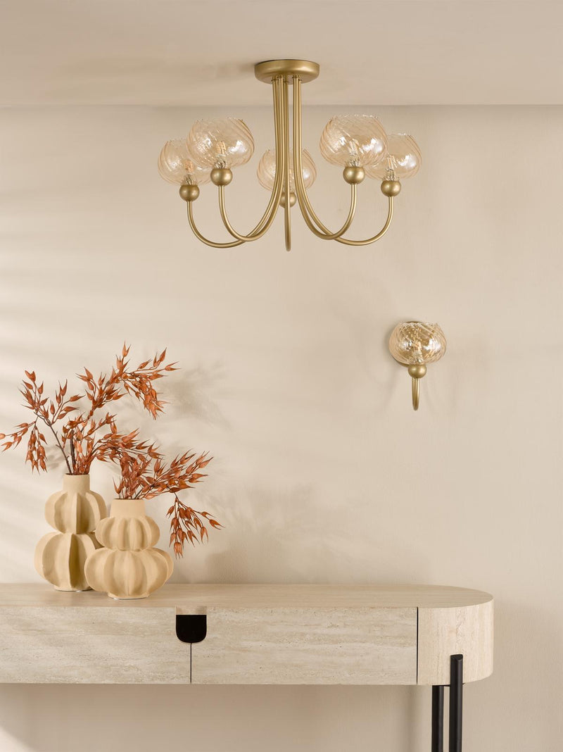 Dar Lighting Cognac Wall Light Satin Gold and Champagne Ribbed Glass • COG0735