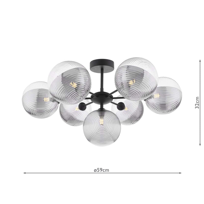Dar Lighting Cohen 7 Light Pendant Matt Black With Smoked/Clear Ribbed Glass • COH3422-19