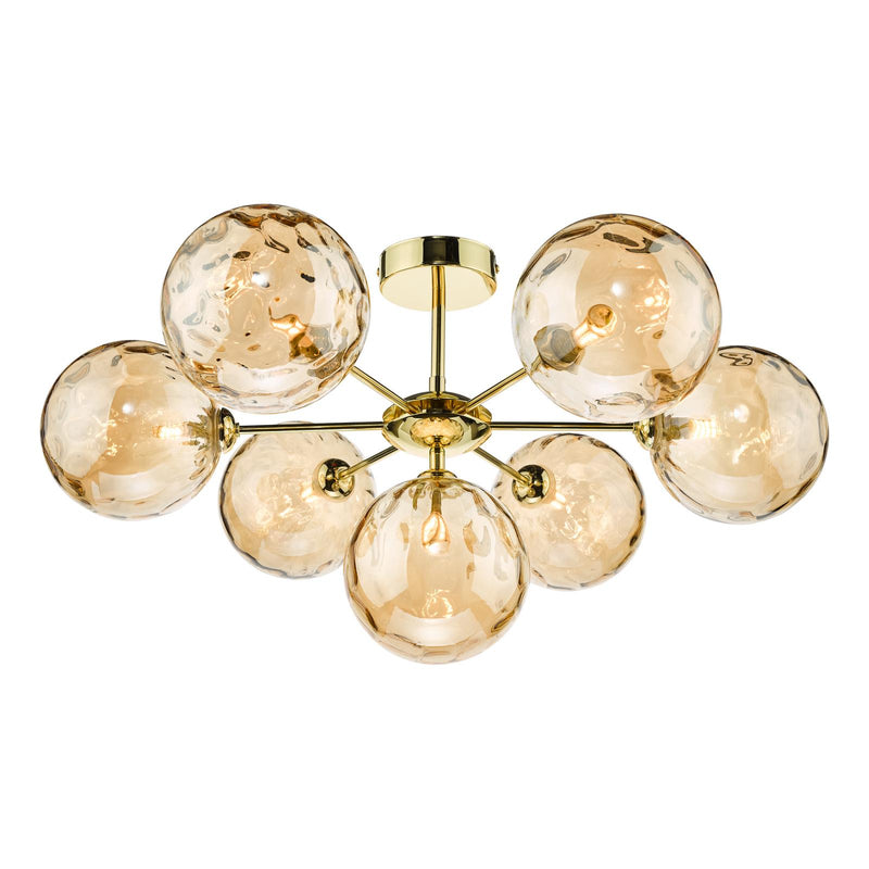 Dar Lighting Cohen 7 Light Semi Flush Polished Gold With Amber Dimpled Glass • COH3435-11