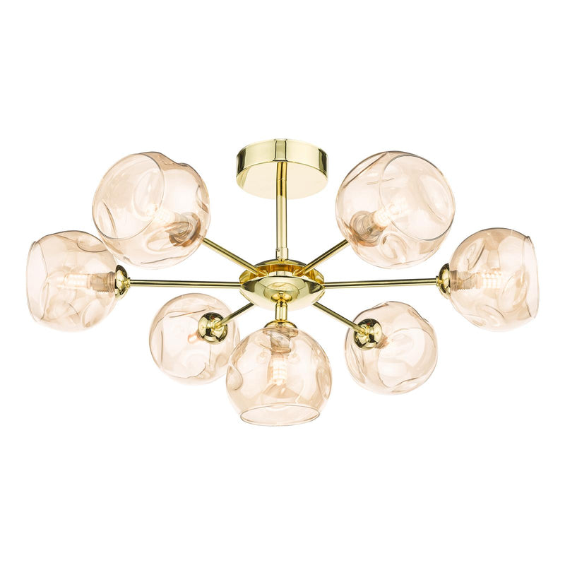Dar Lighting Cohen 7 Light Semi Flush Polished Gold With Organic Amber Glass • COH3435-16