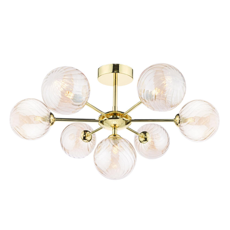 Dar Lighting Cohen 7 Light Semi Flush Polished Gold With Twisted Amber Glass • COH3435-26