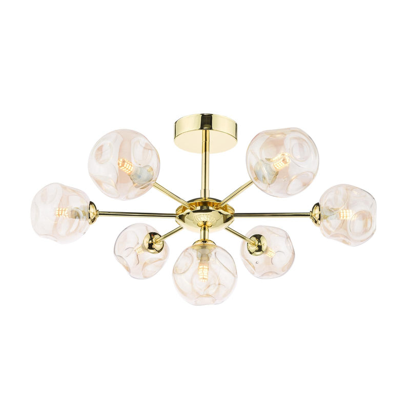 Dar Lighting Cohen 7 Light Semi Flush Polished Gold With Closed Organic Amber Glass • COH3435-27