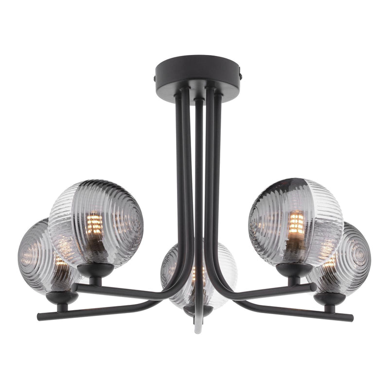 Dar Lighting Cradle 5 Light Semi Flush Matt Black With Smoked/Clear Ribbed Glass • CRA5422-18