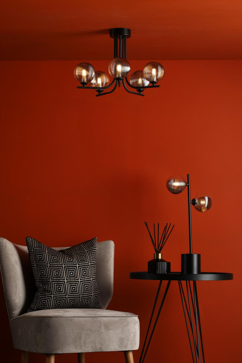 Dar Lighting Cradle 5 Light Semi Flush Matt Black With Smoked/Clear Ribbed Glass • CRA5422-18