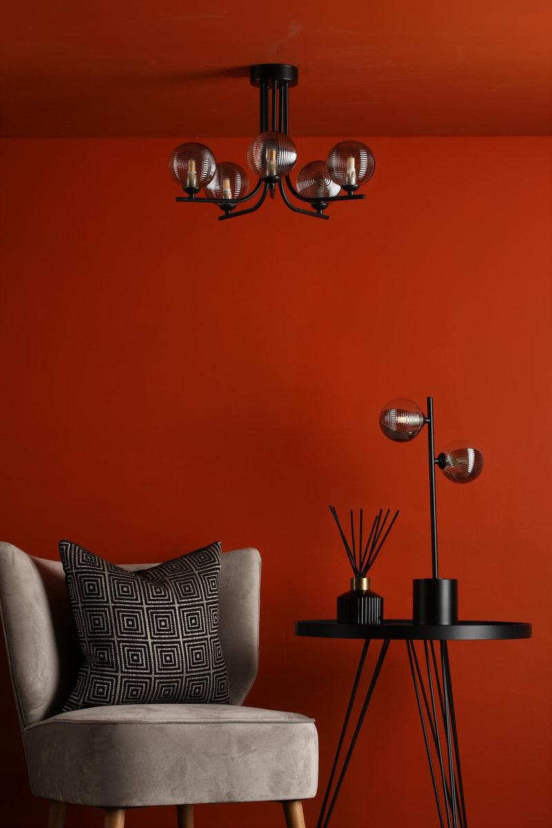 Dar Lighting Cradle 5 Light Semi Flush Matt Black With Smoked/Clear Ribbed Glass • CRA5422-18