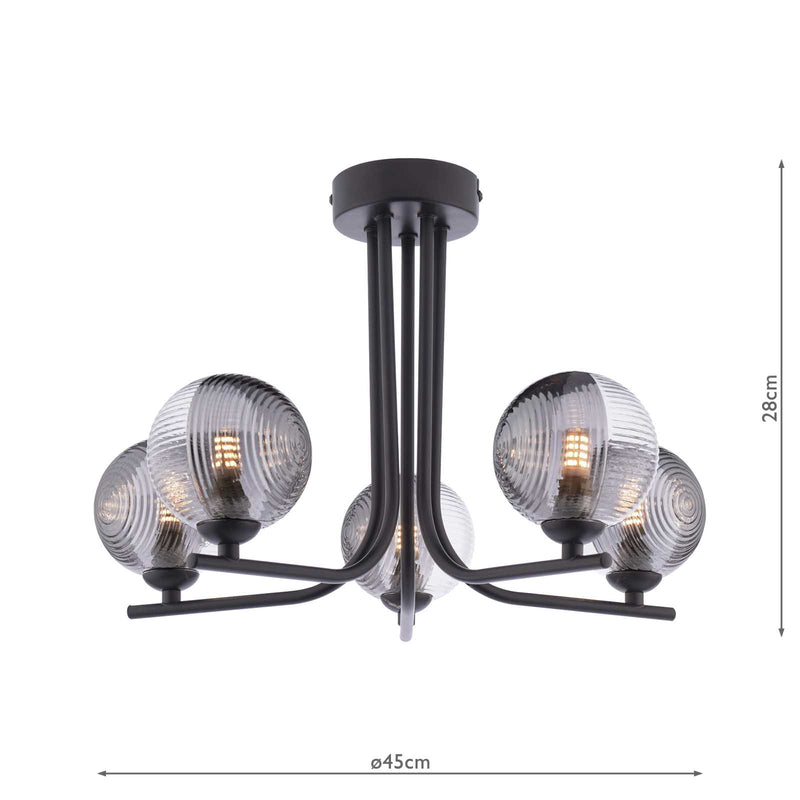 Dar Lighting Cradle 5 Light Semi Flush Matt Black With Smoked/Clear Ribbed Glass • CRA5422-18