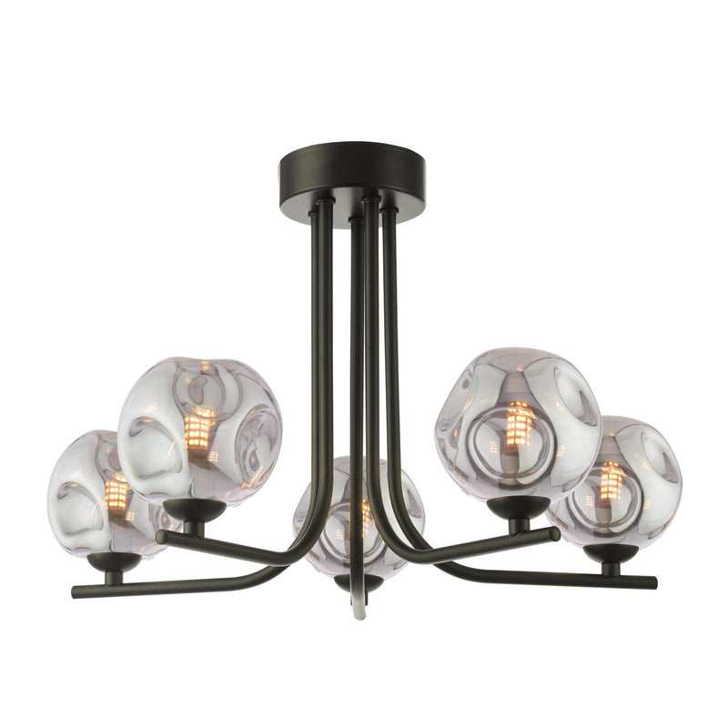Dar Lighting Cradle 5 Light Semi Flush Matt Black With Closed Organic Smoked Glass • CRA5422-28