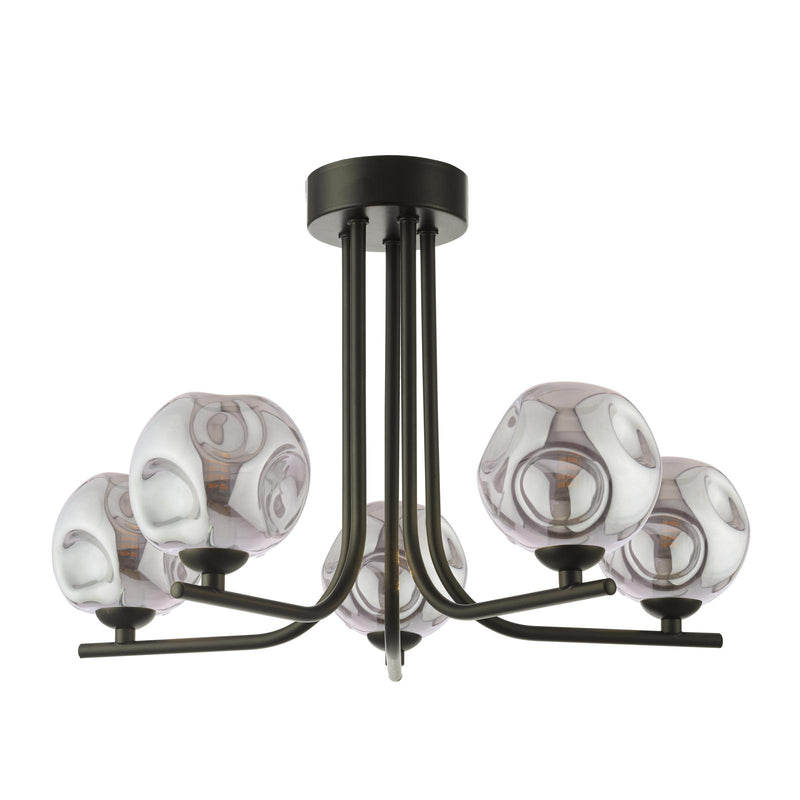 Dar Lighting Cradle 5 Light Semi Flush Matt Black With Closed Organic Smoked Glass • CRA5422-28