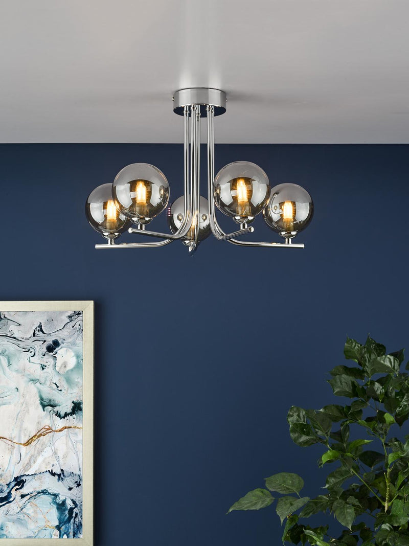 Dar Lighting Cradle 5 Light Semi Flush Polished Chrome With Smoked Glass • CRA5450-01
