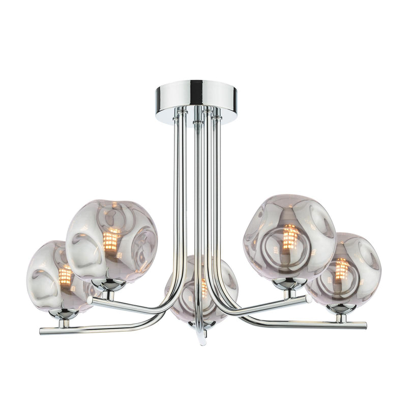 Dar Lighting Cradle 5 Light Semi Flush Polished Chrome With Closed Organic Smoked Glass • CRA5450-28