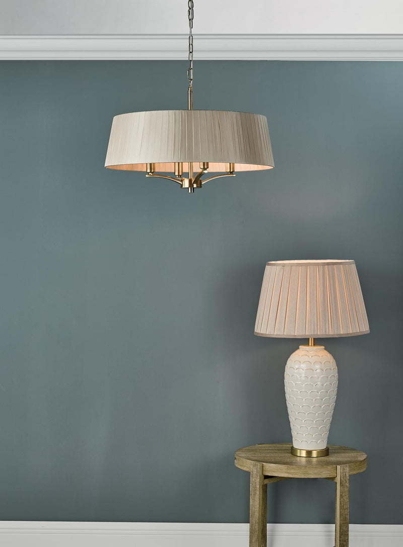 Dar Lighting Cristin 4 Light Pendant Antique Brass With Taupe Shade • CRI0429