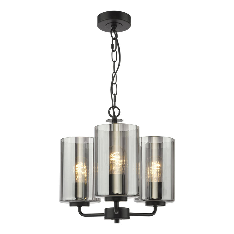 Dar Lighting Daylin 3 Light Pendant Satin Black and Smoked Ribbed Glass • DAY0322