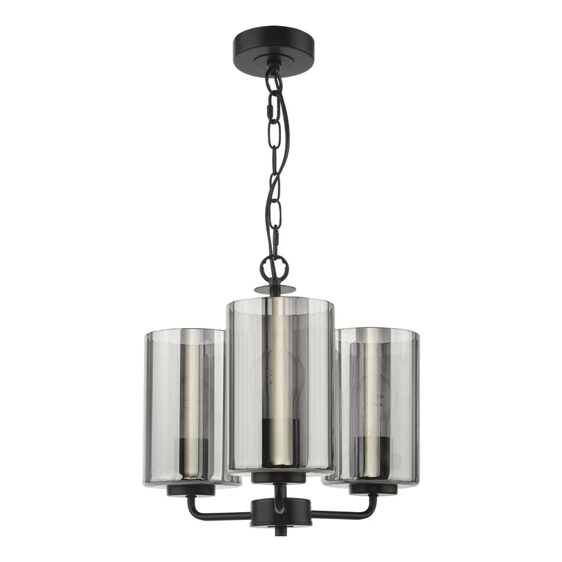 Dar Lighting Daylin 3 Light Pendant Satin Black and Smoked Ribbed Glass • DAY0322