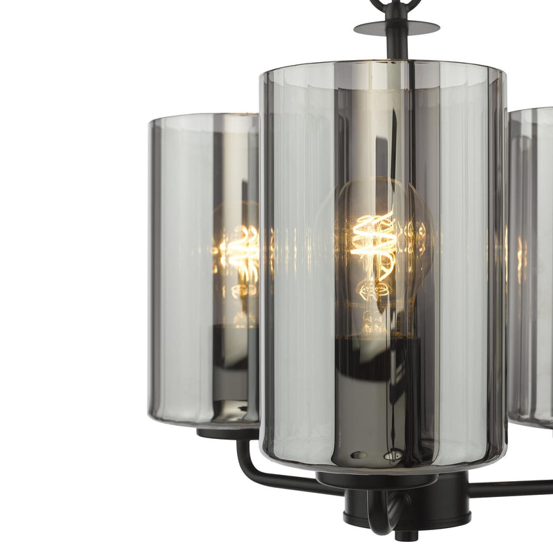 Dar Lighting Daylin 3 Light Pendant Satin Black and Smoked Ribbed Glass • DAY0322