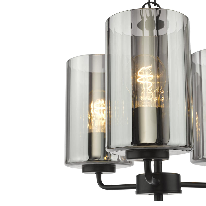 Dar Lighting Daylin 3 Light Pendant Satin Black and Smoked Ribbed Glass • DAY0322