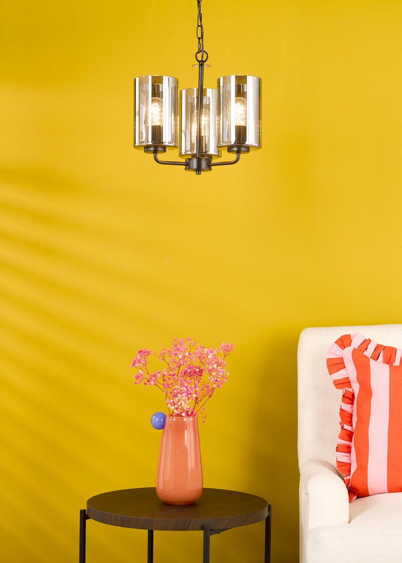 Dar Lighting Daylin 3 Light Pendant Satin Black and Smoked Ribbed Glass • DAY0322