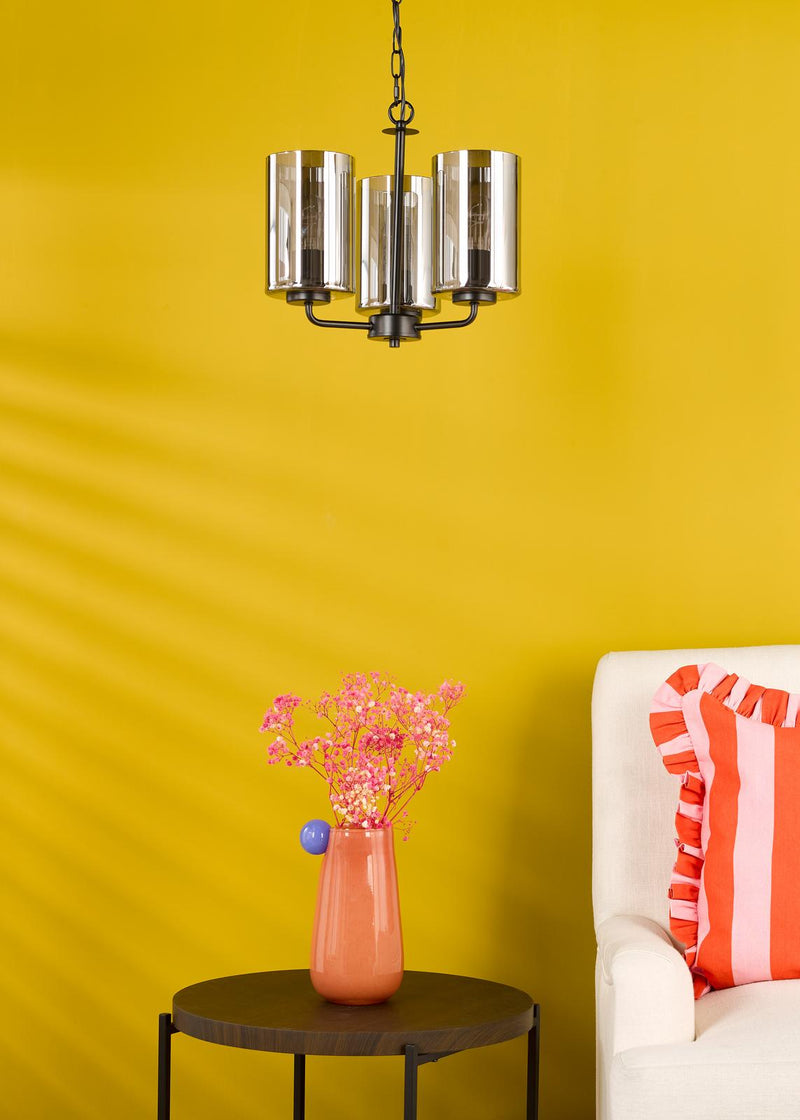 Dar Lighting Daylin 3 Light Pendant Satin Black and Smoked Ribbed Glass • DAY0322