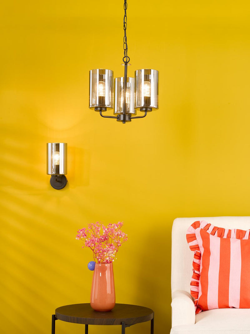 Dar Lighting Daylin 3 Light Pendant Satin Black and Smoked Ribbed Glass • DAY0322