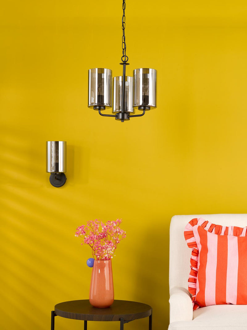 Dar Lighting Daylin 3 Light Pendant Satin Black and Smoked Ribbed Glass • DAY0322