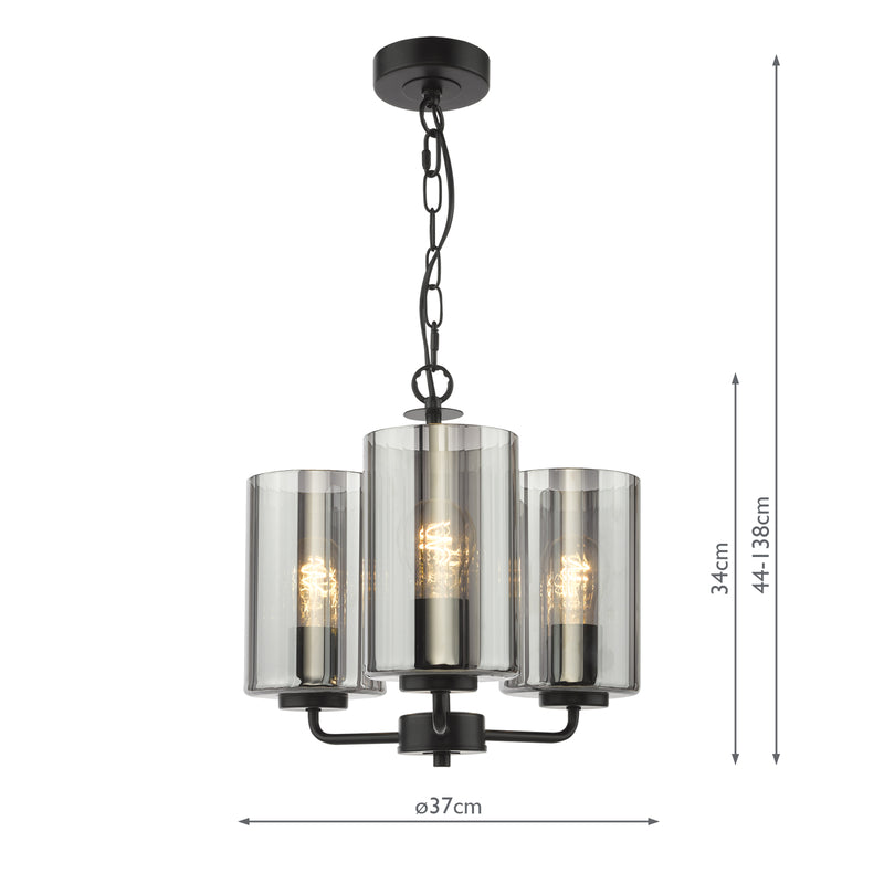 Dar Lighting Daylin 3 Light Pendant Satin Black and Smoked Ribbed Glass • DAY0322