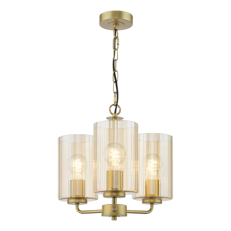 Dar Lighting Daylin 3 Light Pendant Satin Gold and Amber Ribbed Glass • DAY0335