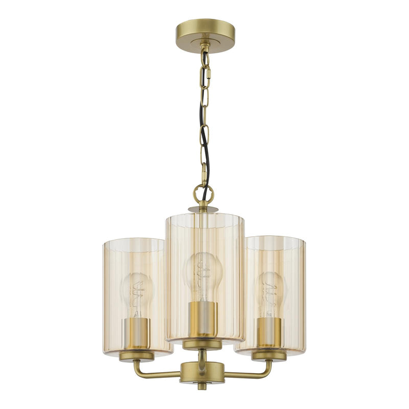 Dar Lighting Daylin 3 Light Pendant Satin Gold and Amber Ribbed Glass • DAY0335
