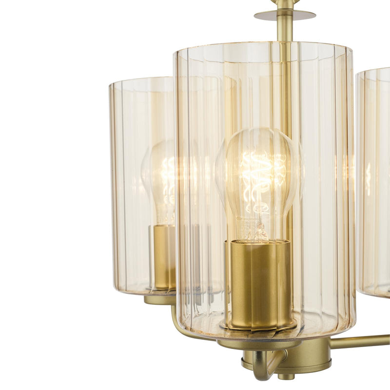 Dar Lighting Daylin 3 Light Pendant Satin Gold and Amber Ribbed Glass • DAY0335