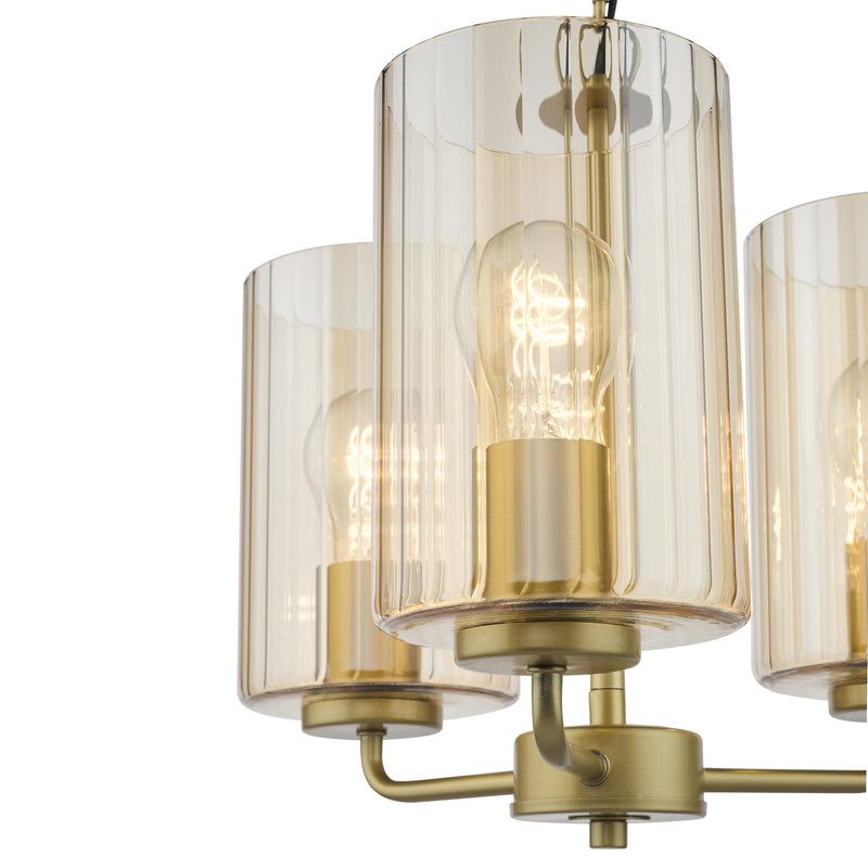 Dar Lighting Daylin 3 Light Pendant Satin Gold and Amber Ribbed Glass • DAY0335