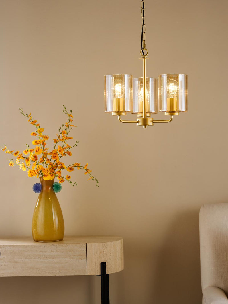 Dar Lighting Daylin 3 Light Pendant Satin Gold and Amber Ribbed Glass • DAY0335