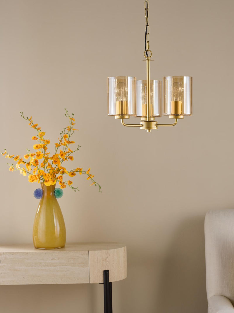 Dar Lighting Daylin 3 Light Pendant Satin Gold and Amber Ribbed Glass • DAY0335