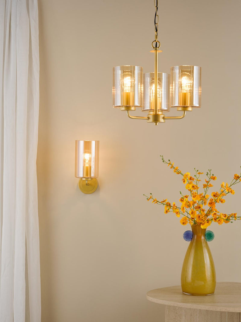 Dar Lighting Daylin 3 Light Pendant Satin Gold and Amber Ribbed Glass • DAY0335