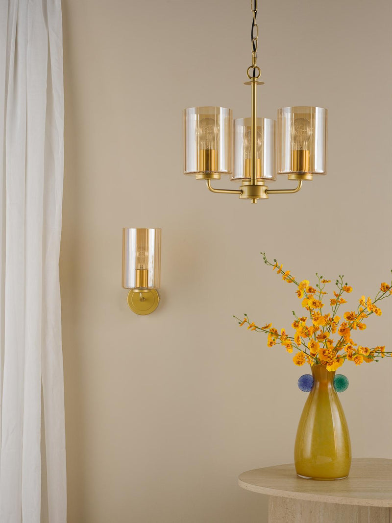 Dar Lighting Daylin 3 Light Pendant Satin Gold and Amber Ribbed Glass • DAY0335