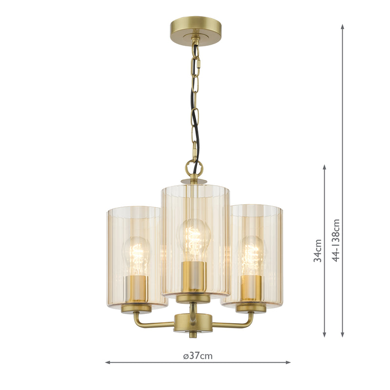 Dar Lighting Daylin 3 Light Pendant Satin Gold and Amber Ribbed Glass • DAY0335