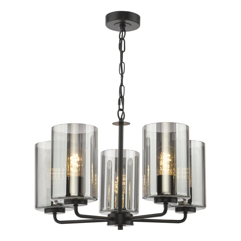Dar Lighting Daylin 5 Light Pendant Satin Black and Smoked Ribbed Glass • DAY0522