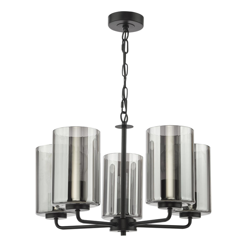 Dar Lighting Daylin 5 Light Pendant Satin Black and Smoked Ribbed Glass • DAY0522