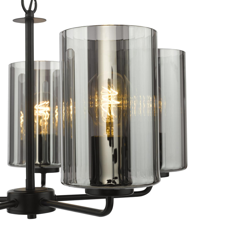 Dar Lighting Daylin 5 Light Pendant Satin Black and Smoked Ribbed Glass • DAY0522
