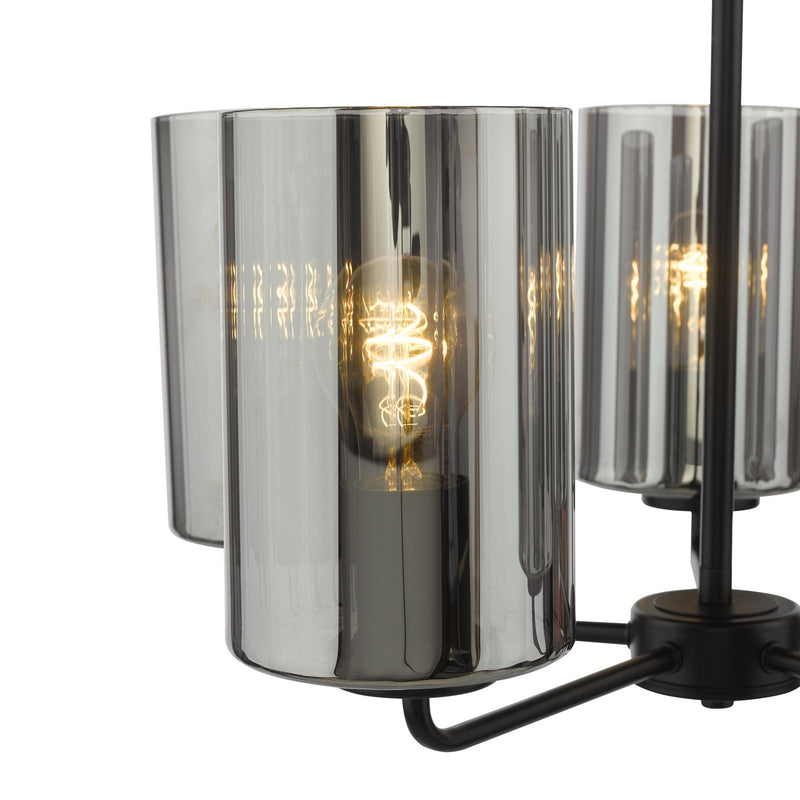 Dar Lighting Daylin 5 Light Pendant Satin Black and Smoked Ribbed Glass • DAY0522