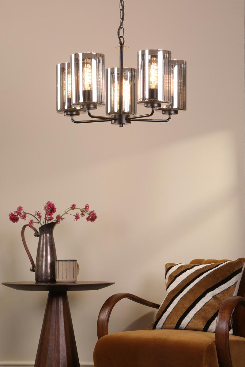 Dar Lighting Daylin 5 Light Pendant Satin Black and Smoked Ribbed Glass • DAY0522