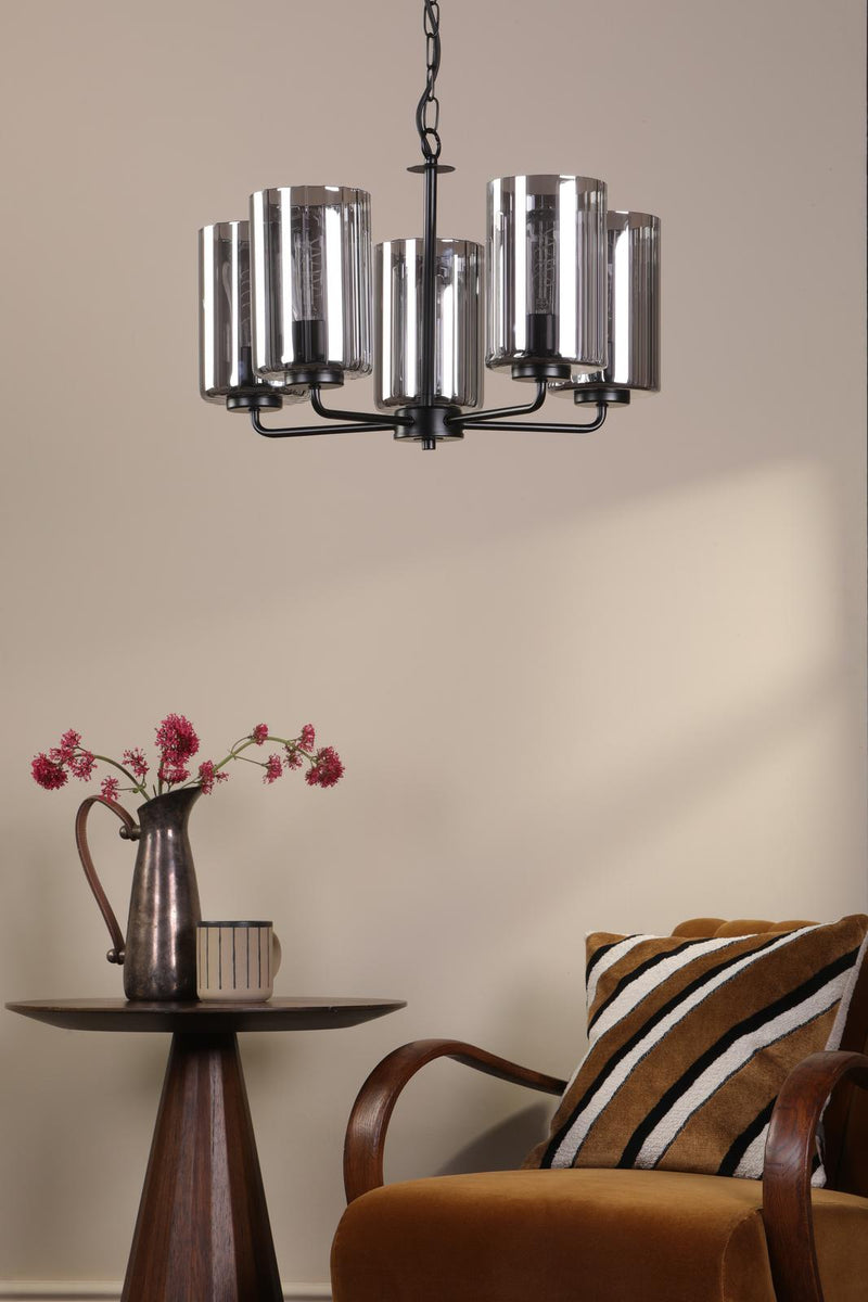 Dar Lighting Daylin 5 Light Pendant Satin Black and Smoked Ribbed Glass • DAY0522
