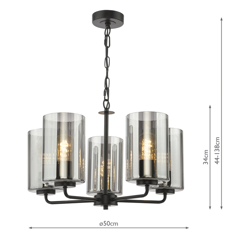 Dar Lighting Daylin 5 Light Pendant Satin Black and Smoked Ribbed Glass • DAY0522