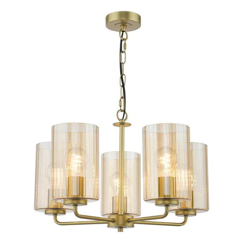 Dar Lighting Daylin 5 Light Pendant Satin Gold and Amber Ribbed Glass • DAY0535