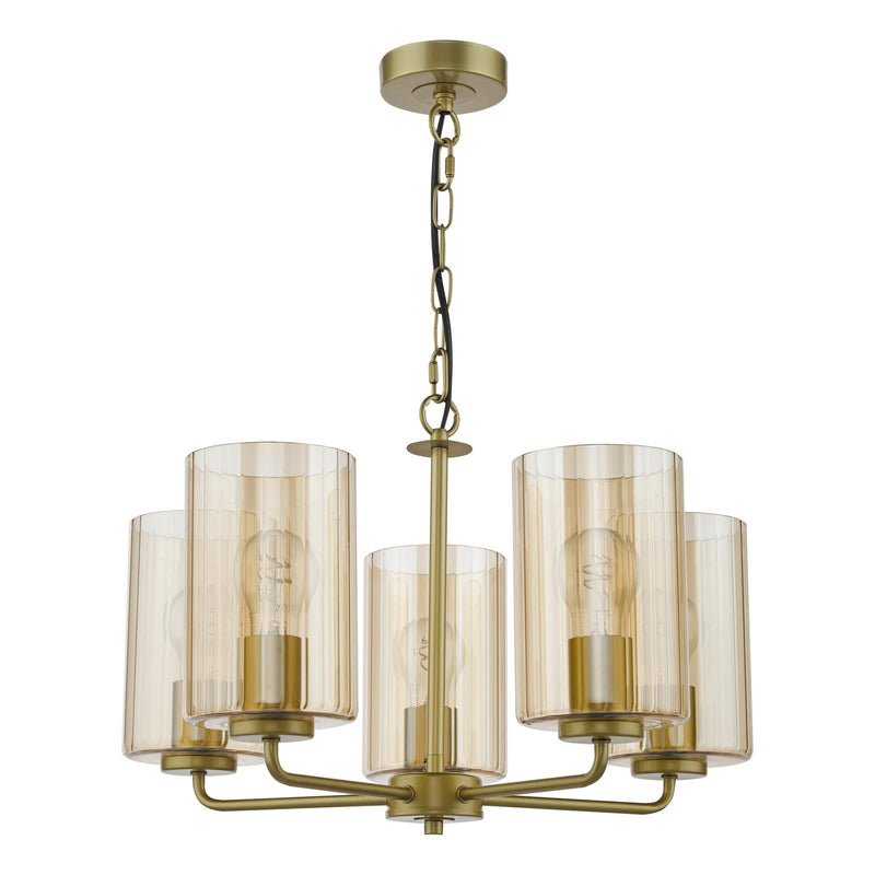 Dar Lighting Daylin 5 Light Pendant Satin Gold and Amber Ribbed Glass • DAY0535