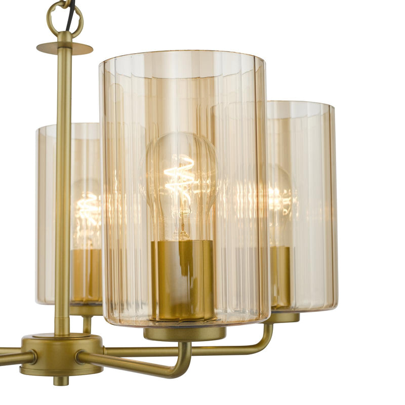 Dar Lighting Daylin 5 Light Pendant Satin Gold and Amber Ribbed Glass • DAY0535